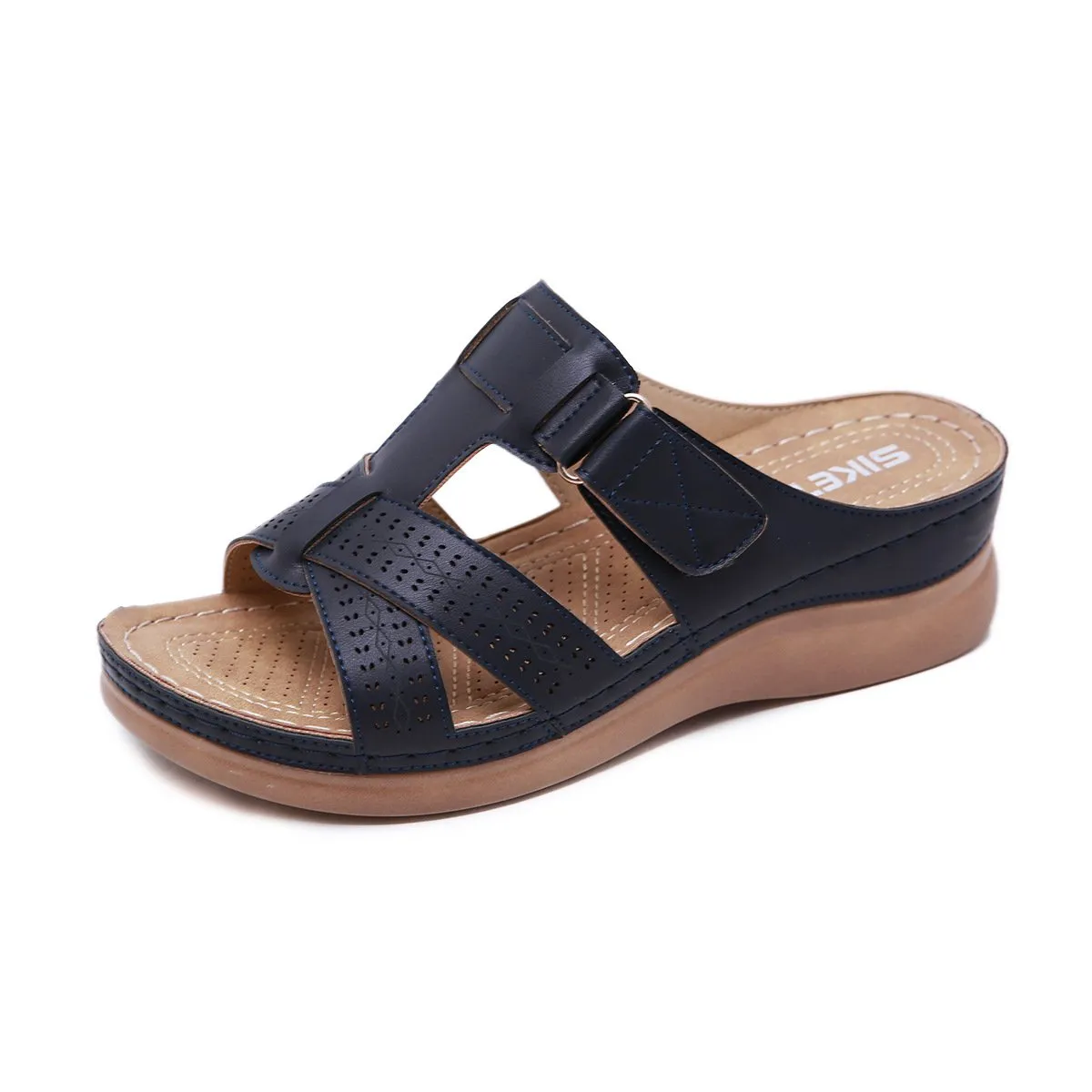 Women summer peep toe platform wedge slides arch support velcro slides