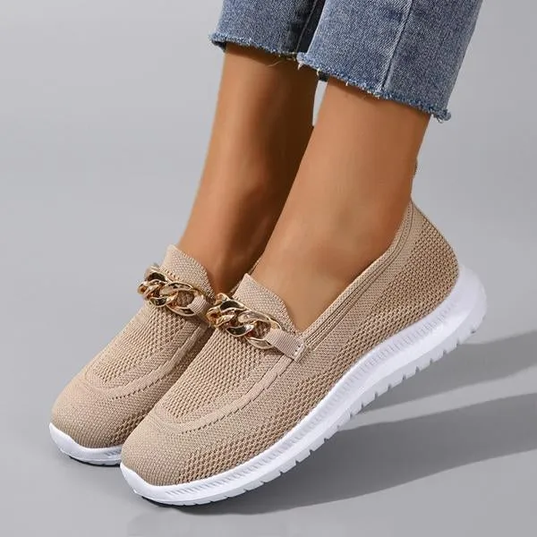 Women's Fashion Gold Chain Slip-on Fly Woven Sneakers 32082776C