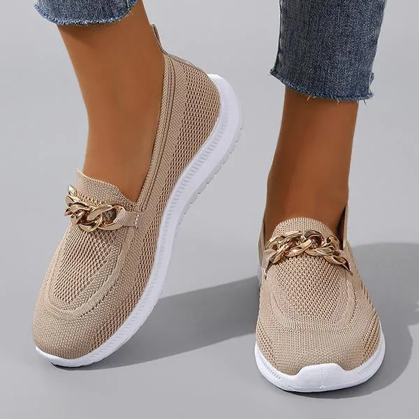 Women's Fashion Gold Chain Slip-on Fly Woven Sneakers 32082776C