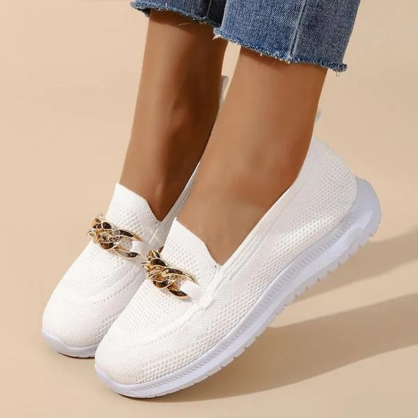 Women's Fashion Gold Chain Slip-on Fly Woven Sneakers 32082776C